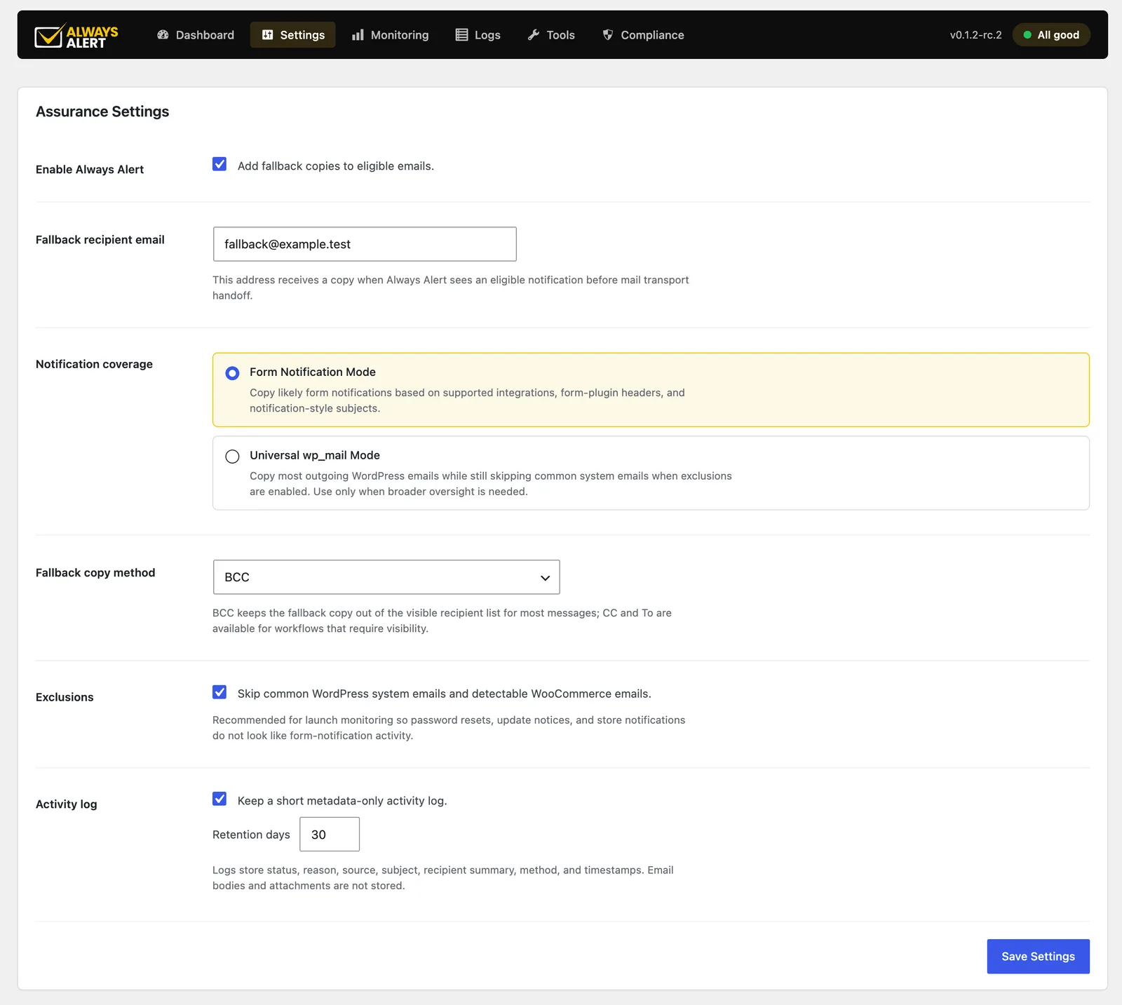 Always Alert assurance settings — fallback recipient, notification coverage, exclusions and activity log retention